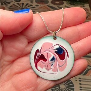 VTG Artisan Signed Abstract Art Enamel on Copper Colorful Swirl Pendant Necklace